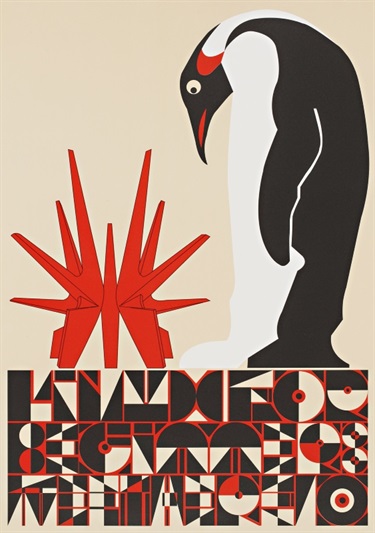 Illustrated penguin standing on pattered block