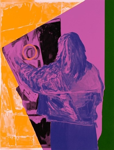 Artwork depicting back of person in jacket standing and drawing among purple and orange colours.
