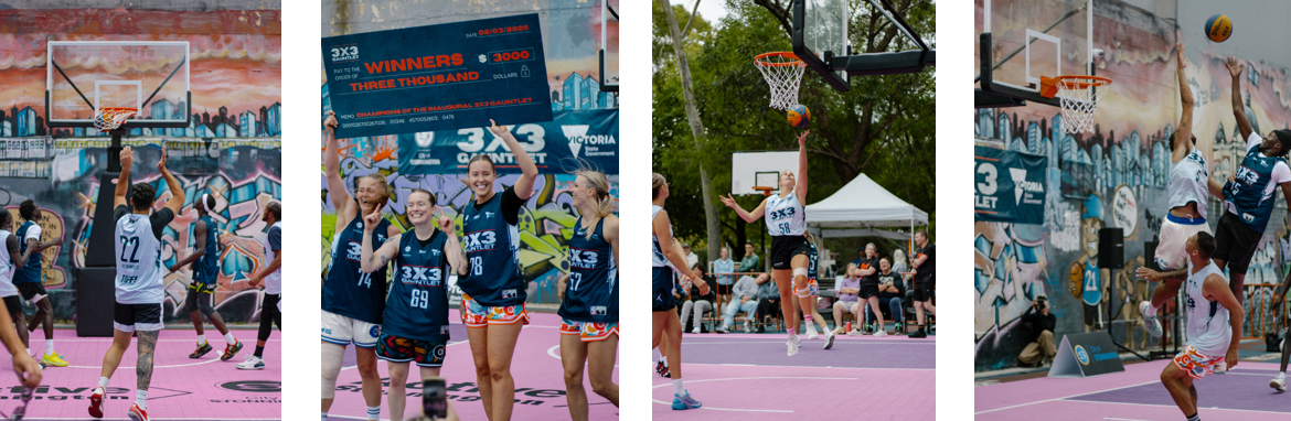 Young men and women playing basket ball and holding up an oversized winner's donation cheque.