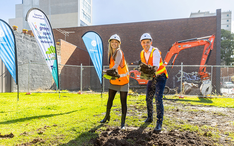Mayor Klisaris and Ryan Batchelor MLC turning the first sod at Mouclif Park