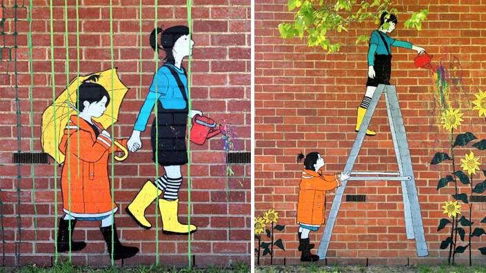 Two girls walk in the rain with a watering can