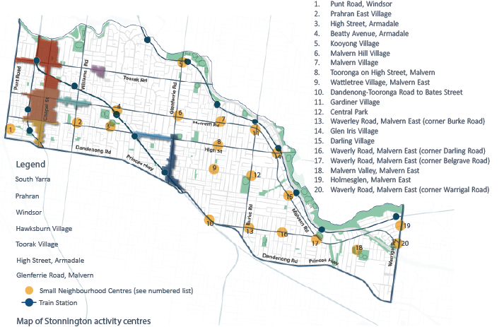 Map showing the activity centres in Stonnington